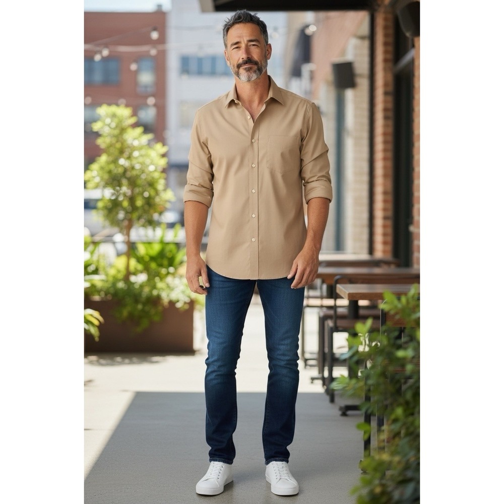 Stafford Mens The Everyday Shirt Tan Button Up Fitted Size 17.5 34-35